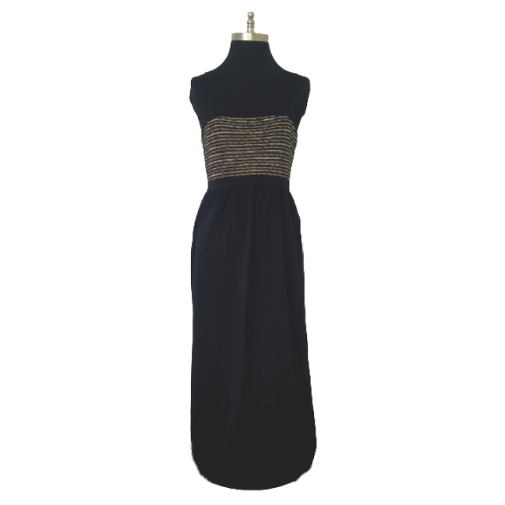 Vtg 60s 70s Goldworm Wool Knit Spaghetti Strap Metallic Maxi Dress 14